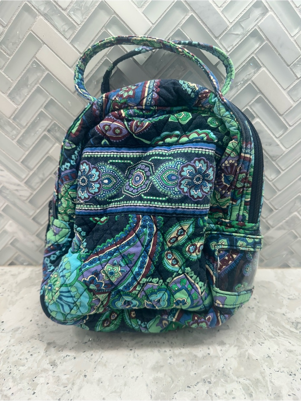 Vera Bradley Navy and Green Paisley Quilted Mini Backpack